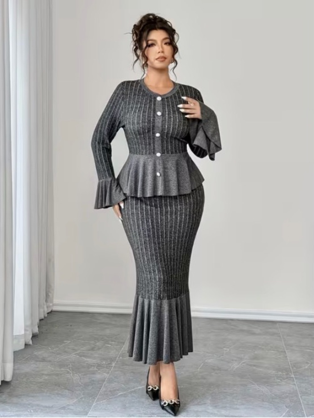 Elegant Charcoal Peplum Knit Dress - Gray